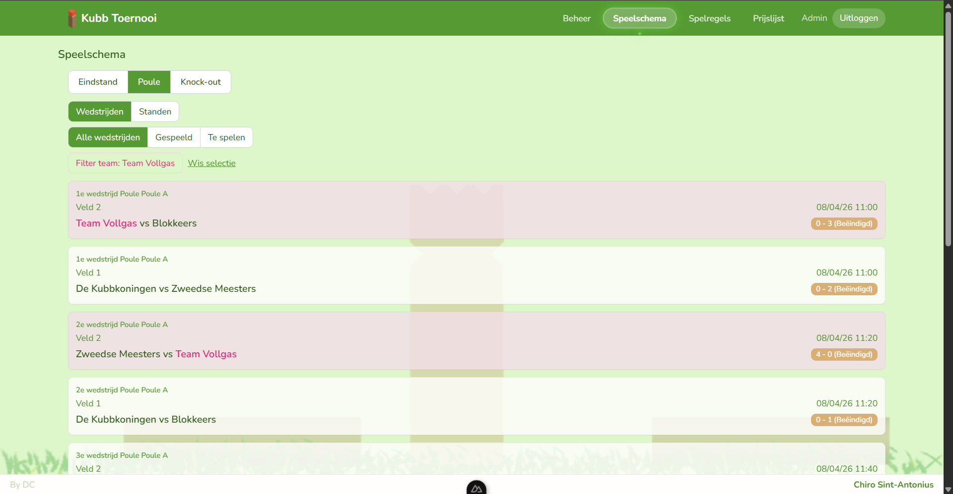 Screenshot of tournament web application